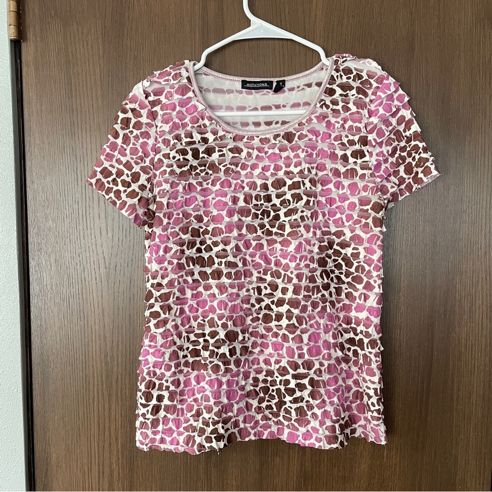 Notations Pink and Brown Short Sleeve Top with Ruffles and Abstract Print